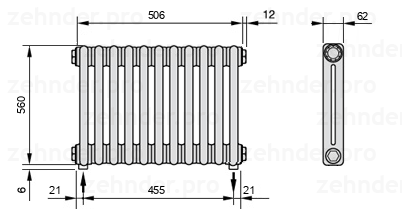 Схема (чертеж) Радиатор Zehnder Charleston 2056/11 №3570 Белый глянцевый RAL 9016